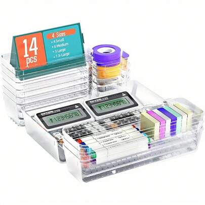 Trintion 14 Pcs Clear Drawer Organiser, Makeup Organiser Tray For Drawers, Desk Drawer Dividers,  Plastic For Bathroom, Office, Cosmetic And Kitchen- Cutlery Set Divider In 4 Sizes
