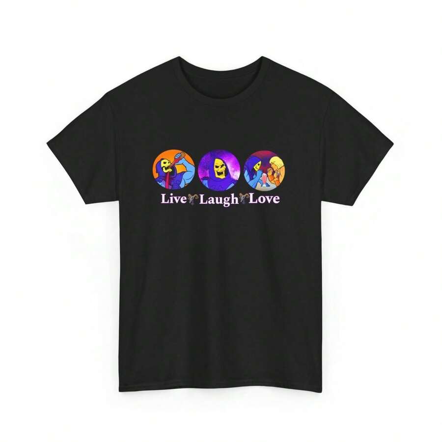 Funny He Man T-Shirt Retro 80s Cartoon Tee Live Laugh Love Skeletor Shirt - 黑色 - 查看 1