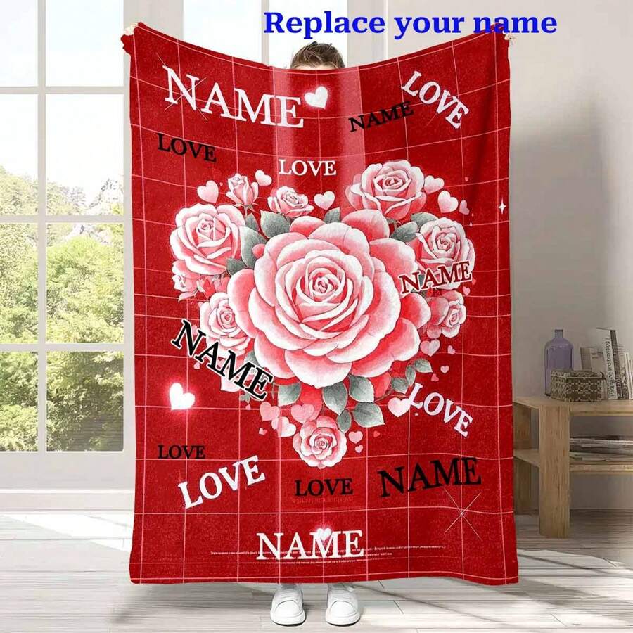 1 件舒适情人节印花定制名字法兰绒毛毯，现代风格涤纶纤维矩形，柔软温暖，适合客厅、沙发、床上家居使用，也可用于户外旅行，是情人节、复活节、生日派对、周年纪念日和各种节日的完美个性化礼物