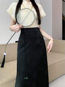 Neo-Classical Chinese Style Retro A-Line Straight Long Skirt, Slimming Hanfu Bottom Wear - Black - View 6