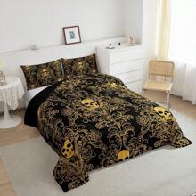 Erosebridal 2/3 Pcs Adults Damask Bedding Set, Antique Victorian Baroque Comforter Set, Soft And Comfortable Gothic Vintage Floral Quilt Set, Exotic Sugar Skull Gothic Bone Skeleton Bohemian Decor For Bedrooom Guest Room - Perfect Presents, Microfiber(YellowBlack) - 黃色黑色 - 查看 2