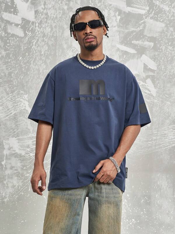 Maglietta a maniche corte con stampa dell'alfabeto in silicone, Maglietta multicolore da uomo, versatile