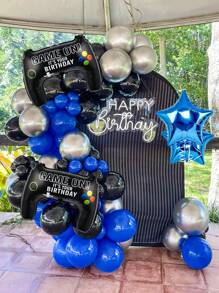 Juego de 74 piezas / 2 piezas de decoración de arco de juego en azul y negro, incluye control de juego, globo de papel de aluminio, globo de estrella azul, adecuado para cumpleaños de juegos, fiesta con tema de juegos, accesorios para fotos, decoraciones para fiestas en el hogar