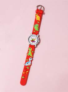 Reloj de cuarzo con correa de silicona con diseño de dinosaurio lindo y de dibujos animados para niños - Rojo - Ver 2