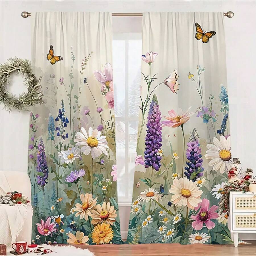 2 Pieces Of Garden Wind Butterfly Flower Home Decoration Curtains, HD Colorful Good-Looking Wildflower Patterns, 3D Digital Printing Natural Theme Curtains. Beautiful Idyllic Design, Fashion Art Shades To Protect Privacy Curtains, Romantic Spring Atmosphere, Living Room, Bedroom, Kitchen Study Lounge Area Balcony Curtains Decorated, Festive Event Scene Arrangement Decorated Curtains - 紅色 - 查看 1