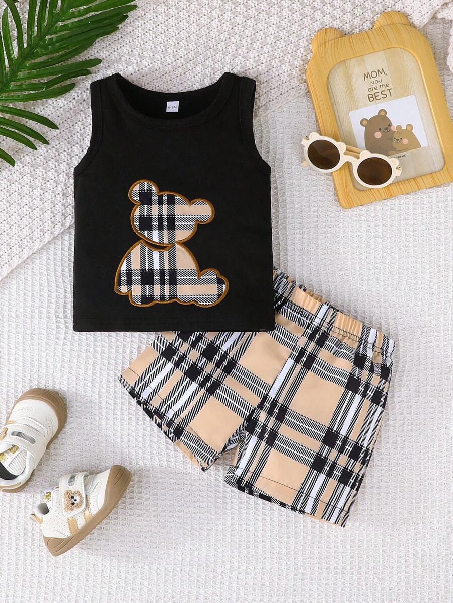 2pcs/Set Baby Boy Cute Bear Embroidered Top And Loose Casual Shorts Set, Summer Short Sleeve
