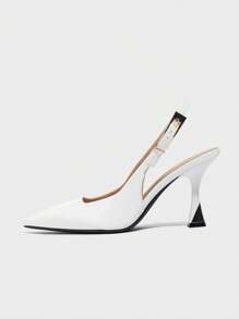 Women's Pointed Toe Closed Toe Metal Buckle Decor Solid Color High Heel Shoes, Slip-On Comfortable Formal Dress Pumps For Work, Commuting And Daily Wear, Suitable For Autumn/Winter, White Glossy, Elegant - White - View 7