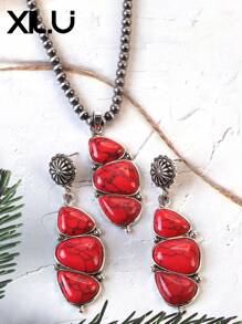 1 set de collar con colgante y aretes de estilo retro y país del oeste antiguo con diseño exagerado de color turquesa al estilo del Día de San Valentín para mujeres