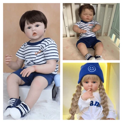 60 厘米像真实柔软乙烯基重生男孩娃娃 24 英寸新生婴儿布身鲜活可爱儿童收藏礼物（部分零件随机，包括奶嘴、奶瓶、尿布、帽子、发饰毛绒玩具随机和衣服套装）