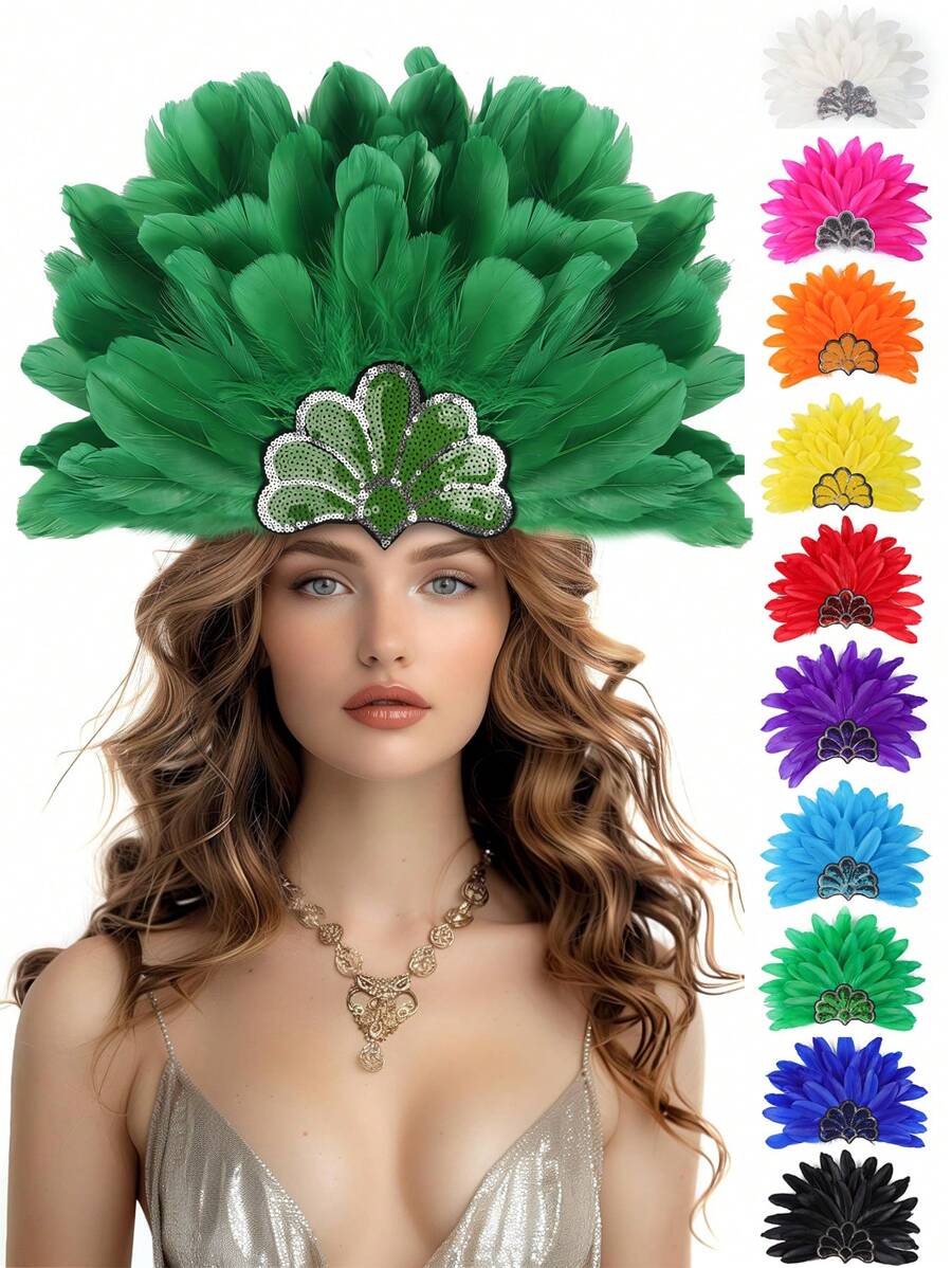 1pc Women's Carnival Feather Headpieces Sequin Headdress For Wedding Masquerade Party Cosplay Feather Headbands Halloween - A - View 1
