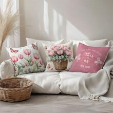 4 件套简约日常郁金香装饰枕套，单面印花柔软桃色天鹅绒材质，45*45/50*50/40*40 厘米靠垫套适用于室内装饰、派对、礼物 - 彩色 - 查看 11