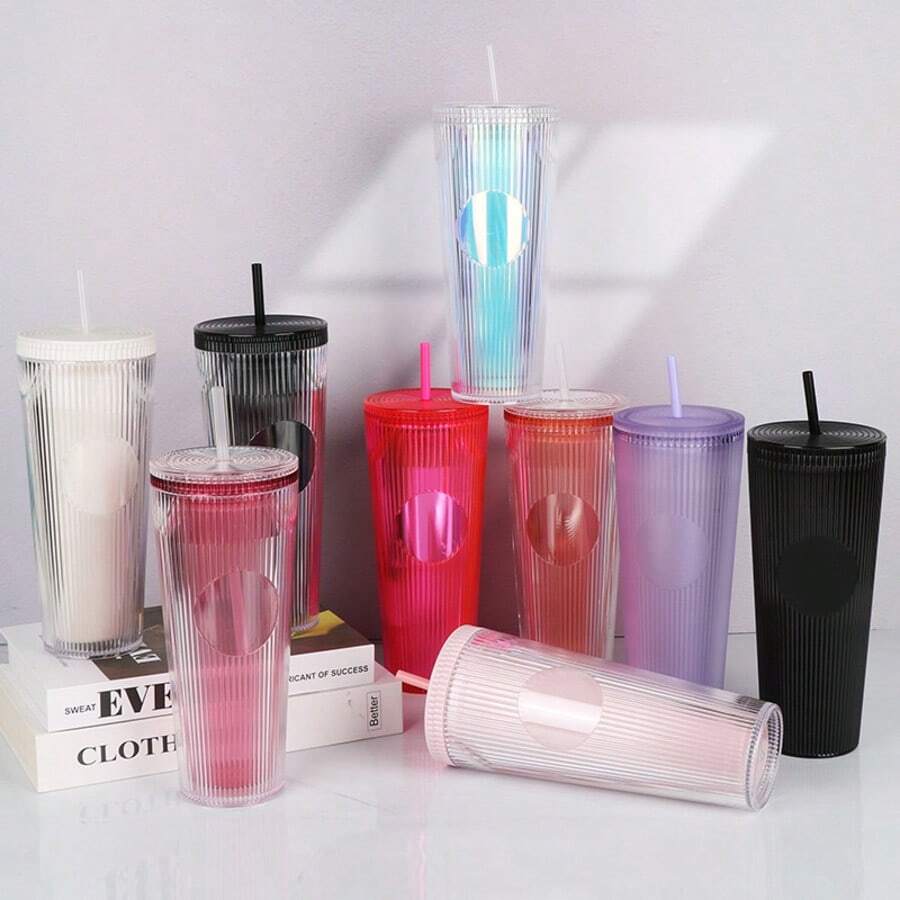 1pc Vertical Pattern Cup 24oz Office Water Cup Family Outdoor Water Cup Light And Portable - Multicolor - View 1