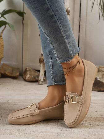 Ladies' Casual Slip-On Loafers, Soft Sole Leather Face, Breathable Comfortable, Metal Buckle Patchwork Design, Versatile For Daily Commute, Handmade Khaki Flat Boat Shoes
