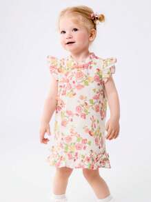 Balabala Baby Girl 2026 Summer Princess Style Floral Pattern Round Neck Cap Sleeve Dress - Red and Green Hue - View 2