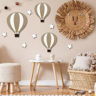 9pcs Rustic Wooden Hot Air Balloon & Star Wall Decor, Baby Shower Decorations 3D Festive Nursery Wall Art, No Battery Needed, Vintage Style For Bedroom