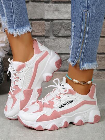 New Women Pink Floral Printed Lace-Up Sneakers, Round Toe Low Top Thick Sole Slip-On Casual Sporty Student Shoes, Fashion Breathable Non-Slip Chunky Sneakers