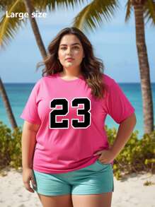 女式字母印花短袖 T 恤图案 T 恤女式上衣 - 玫紅色 - 查看 1