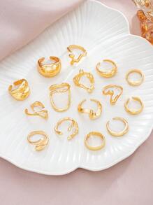 15 sztuk Modny Minimalistyczny Wykwintny Retro Asymetryczny Geometryczny Płynny Kształt Przesadny Metalowy Styl Zestaw Pierścieni, Elegancki Pakiet Prezentowy Na Święta, Imprezę, Randkę, Codzienne Noszenie