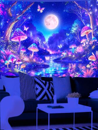 Tapiz de pared con diseño de mariposa y seta que reacciona a los rayos UV, con motivo de bosque, río y luna, para decoración hippie, estética del hogar, pared, techo, cortina o manta