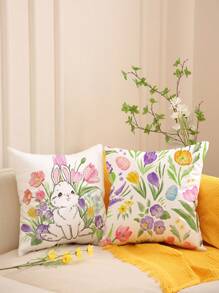 1pc/4pcs Spring Easter Rabbit Flower Egg Letter Polyester Printed Pillow Cover, 45x45cm, Room Decor, Bedroom Decor, Sofa Decor (Without Pillow Insert) - Multicolor - View 6
