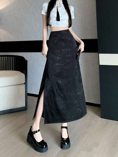1pc Bamboo Leaf Pattern New Chinese Style Retro Satin Comfortable Flowy Split Hem Skirt, Versatile For All Seasons