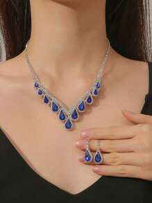Necklace And Earrings Set High-End Blue Diamond-Studded Claw Necklace Earrings Bridal Set Ladies Wedding Dress Accessories Stage Performance Accessories - Blue - View 12