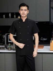 Short Sleeve Chef Uniform, Black, , Washable, Pilling Resistant, Skin-Friendly Fabric, Color Fast, Suitable For Hotel, Restaurant, Bakery, Cafe, Kitchen, Cafeteria, Food Service Back-Of-House , Short Sleeve Chef Uniform, Men Short Sleeve Chef Uniform, Spring/Autumn/Winter Short Sleeve Chef Uniform, Black Short Sleeve Chef Uniform - Black - View 2