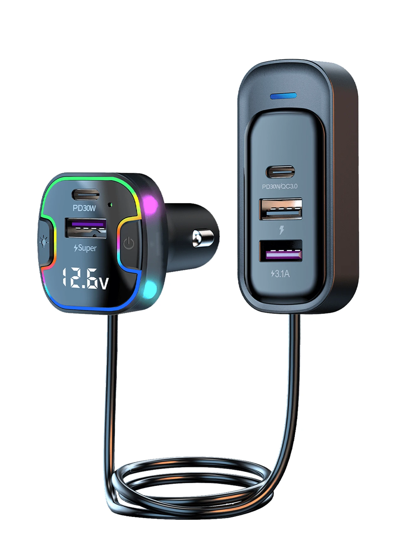 REMAX 120W 5口车载充电器，带电压显示、3个USB-C输出口和2个Type-C输出口、超快充电、氛围灯、1.5米延长线、防震、多重充电保护，兼容安卓手机等多种设备，旅行必备配件