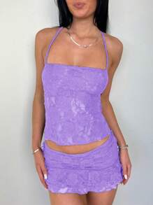 Women Y2k Mini Skirt Sets 2 PIece Lace Outfit Sexy Hlater Tie-Up Backless Sleeveless Crop Tops Low Rise Mini Skirt  Party Clubwear Bandeau Going Out Tank Tops Summer Outfit Aesthetic Clothes - 淡紫色 - 查看 1