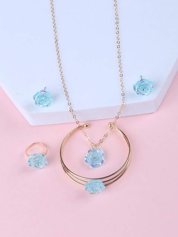 1 Conjunto Presente de Joias para Meninas, Colar, Pulseira, Brincos e Anel de Liga de Zinco com Rosa, Presente de Aniversário, Feriado, Viagem