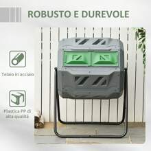 Outsunny Compostiera da Giardino Girevole a 2 Sezioni con 8 Prese d'Aria, Compostiera Domestica in Acciaio e PP, 160 L, per Compostaggio Rifiuti Organici, 71x65x96 cm, Grigio