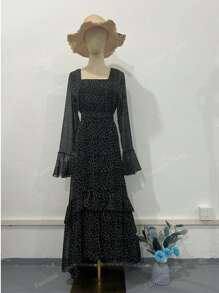 Vestido irregular con parches de manga de volantes de gasa con lunares para mujer