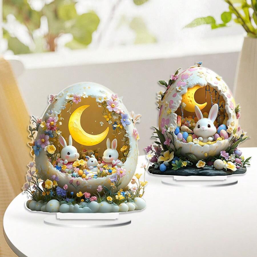 Easter Cute Plush Rabbit Acrylic Ornament With Star & Moon Eggshell Decor, Home Desktop Display - Multicolor - View 1