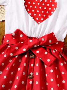 Đầm công chúa không tay cổ tròn in hình trái tim và chấm bi thời trang cho bé gái, phù hợp cho trẻ em từ 4-7 tuổi, mặc ngoài trời, dạo phố, đi học, mặc hàng ngày - Đỏ - Xem 4