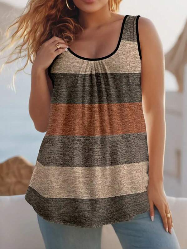 Plus Size Women's Elegant Sleeveless Patchwork Color Vest, Pleated Design Front Tank Top