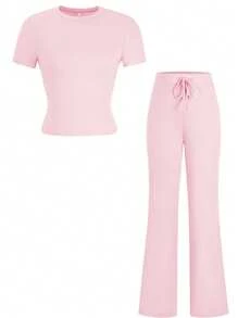 GAOVOT Women's Y2K Style Casual Sports Set - Solid Color Short Sleeve Crew Neck T-Shirt Paired With Slim Straight Leg Pants - Baby Pink - View 9