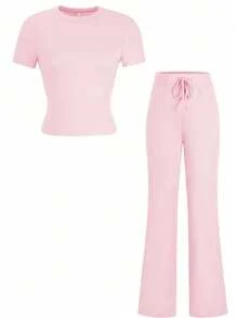 Conjunto de dos piezas de ropa deportiva casual diaria de unicolor de manga corta y cuello redondo, pantalones rectos delgados y largos para mujer en otoño Y2K