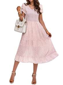 SANOPY Dresses For Women,Summer Dresses,Vacation Dresses For Women,Casual Dresses For Women,Women Casual Summer Short Ruffles Tiered Sleeve Midi Dresses V Neck Long Dresses - 粉色 - 查看 5