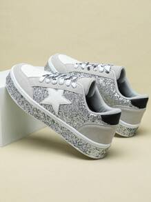 Silver Star Decoration Sequins Men's Versatile Fashion Eye-Catching Men's And Women's Casual Low-Top Walking Shoes Shoes Versatile Comfortable Breathable Sports Fitness Running Shoes Suitable For Holiday Parties And Gifts New 2025 Men's Sports Shoes