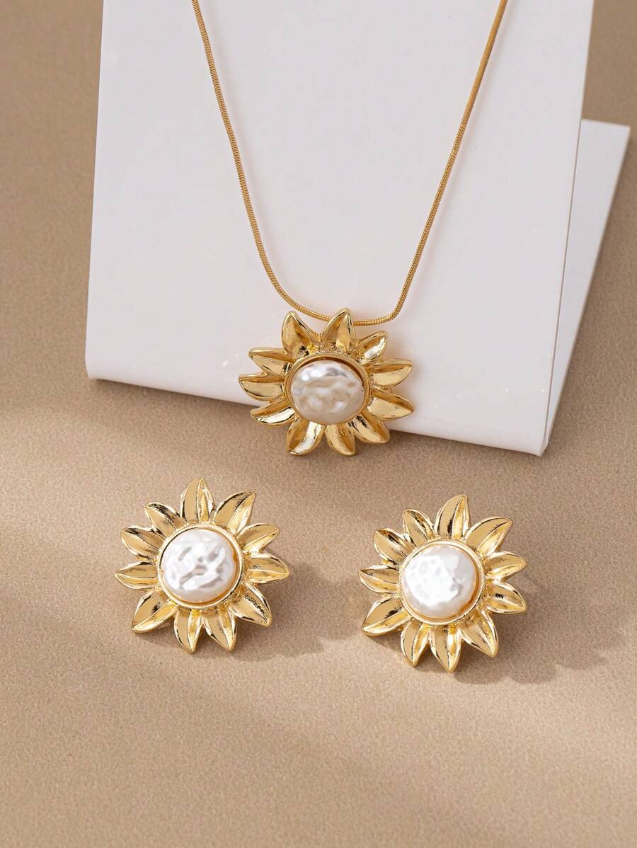 1 Set Vintage French Sunflower Pearl Gold Earrings & Necklace Jewelry Set For Women - Multicolor - View 1
