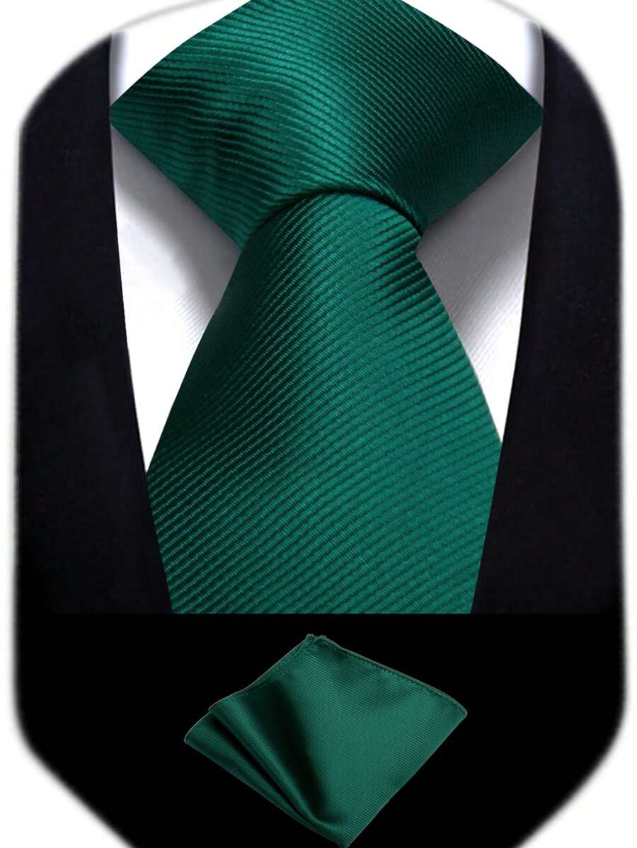 Juego de corbata y pañuelo de bolsillo de color verde oscuro de 3,15 pulgadas para hombre, juego de corbata y cuadrado de bolsillo de unicolor para negocios y bodas, accesorios, festivales, regalos - Verde Oscuro - Ver 1