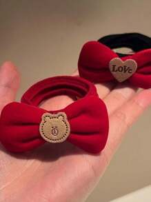 10 件装可爱红色小熊发带，不会损坏头发的弹性发带，宽而柔软的发带，心形发带，送给女儿的礼物 - 彩色 - 查看 3