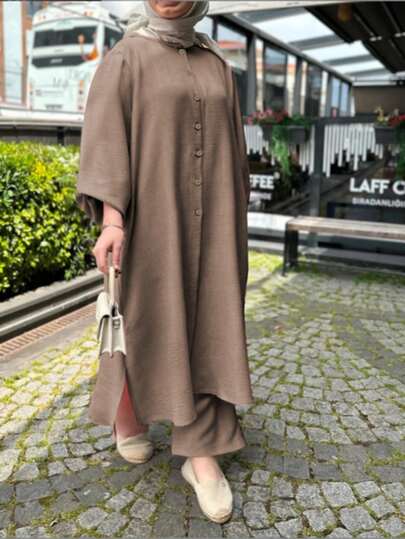 Plus Size Women's Solid Color 2 Pieces Set, Long Button-Up Top Paired With Wide-Leg Pants