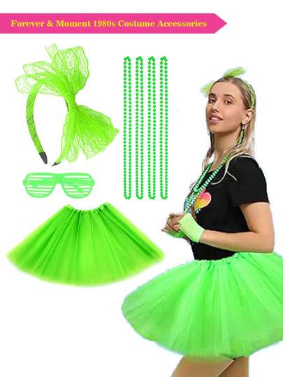 Forever & Moment 6/7 PCS Women's Costume Accessories Set For 1980s Neon Party Lace Bow Hairband Prop Glasses Artificial Bead Necklace Tutu Skirts Banquet Cosplay Stage Performance Halloween