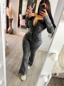 PALAZZO BELL STRETCH DENIM SMOKE TONE - Grey - View 3