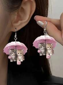 1 对 2D 可爱雨伞猫亚克力耳环，节日礼物，浪漫猫耳环 - 彩色 - 查看 3
