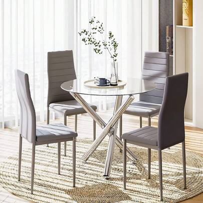Dining Table And Chairs Set Of 4, High Back PU Leather Chair With Glass Chrome Leg Table