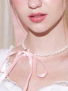 1pc Women Pearl Embellished Pink Ribbon Choker Necklace - Pink - View 2