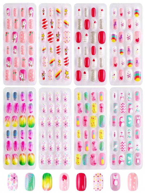 192 Stück kurze quadratische Nagel zum Aufkleben, cartoon Muster weiche Gel Nagel Spitzen, verwendet als Kunstnägel zum Selbermachen, einfacher und vielseitiger Stil, geeignet für Mädchen und Kinder, sehr süß