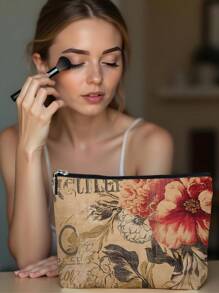 1 件复古花卉亚麻印花化妆包，可爱旅行化妆包和多功能零钱包，女性必备轻便礼物